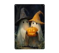 Paire de fantômes mignons tenant une citrouille sculptée en métal Décoration murale pour salle de bain, toilettes, ferme, toilettes, cour, 20 x 30 cm