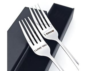 Paire de fourchettes pour couple avec inscription « I Love You/I Know » gravée au laser avec coffret cadeau, cadeau de Saint-Valentin pour les fans de StarWars