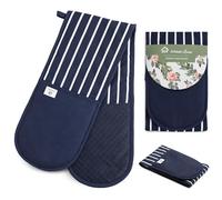 Paire de gants de cuisine bleus à rayures doubles en silicone résistant à la chaleur | Gants de cuisine antidérapants en silicone | Maniques épaisses lavables en machine pour la maison et la cuisine.