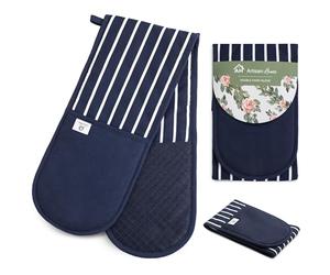 Paire de gants de cuisine bleus à rayures doubles en silicone résistant à la chaleur | Gants de cuisine antidérapants en silicone | Maniques épaisses lavables en machine pour la maison et la cuisine.