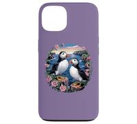 Paire de macareux par les falaises dans l'art floral des oiseaux de mer côtiers Coque pour iPhone 13