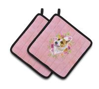 Paire de maniques multicolores fleurs roses, CK4114PTHD de Caroline's Treasures, motif Bull Terrier.