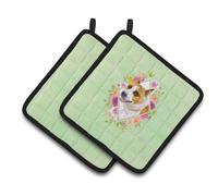 Paire de maniques multicolores fleurs vertes, motif Bull Terrier, Caroline's Treasures CK4274PTHD