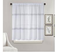 Home Maison - Paire Petits Voilages Droits Rayures Ajourées - Polyester - Effet Macramé - Ourlet Passe Tringle - Salon Chambre Cuisine Balcon - 500g - 90 x 120 cm - Blanc