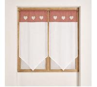 Home Maison - Paire de Petits Voilages en Étamine avec Parement Vichy - Polyester - Ourlet Passe Tringle - Appliques Cœur en Fausse Fourrure - Fenêtre Salon Chambre Cuisine - 60 x 160 cm - Blanc