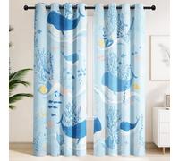 Paire de Rideaux Baleine bleu ciel, Récif corallien | Rideaux à Oeillets avec Isolation Thermique et Phonique - Style Cartoon, Élégant, Style livre d'images, Banc de poissons pour Chambre d'enfant
