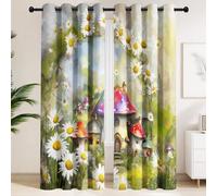 Paire de Rideaux Maison champignon colorée Marguerite Fleurs | Rideaux à Oeillets avec Isolation Thermique et Phonique - Fantaisie Crayon Hyperréaliste Cartoon Architecture pour Chambre de fille