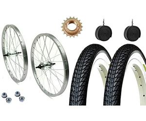 Paire de roues de vélo 20 x 1.75 + pignon 16 dents + couvercles blancs noirs + chambres + rabat | jantes complètes Graciella Bike Epoca