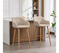 Paire de tabourets de bar scandinaves avec dossier et accoudoirs en lin - Siège rembourré - Cœur en mousse - Pieds en bois massif - Îlot de cuisine - Comptoir de bar - Salle à manger - Café Lounge