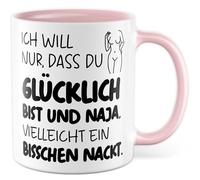 Paire de tasses avec inscription en allemand « Geschenk Ich will nur dass du glücklich bist und bia, ...vielleicht ein bisschen nackt. » Tasse à café 330 ml en céramique - Amour, relation, humour