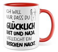 Paire de tasses avec inscription en allemand « Geschenk Ich will nur dass du glücklich bist und bia, ...vielleicht ein bisschen nackt. » Tasse à café 330 ml en céramique - Amour, relation, humour