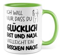 Paire de tasses avec inscription en allemand « Geschenk Ich will nur dass du glücklich bist und bia, ...vielleicht ein bisschen nackt. » Tasse à café 330 ml en céramique - Amour, relation, humour