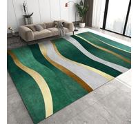 PAJEON Tapis de Décoration Rayures Irrégulières Vert émeraude Doré, 140 x 200 cm Tapis Moquette de Chambre à Poils Ras, Paillasson Intérieur - pour Chambre à Coucher de Salon
