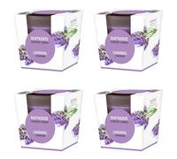 pajoma® Lot de 4 bougies parfumées à la lavande dans un verre satiné - 4 x 120 g de cire - Durée de combustion : 25 heures - Dans un emballage cadeau élégant - Qualité supérieure