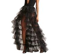 Pakt La jupe taille haute plissée jupe bouffante longue High Low à volants jupe en tulle femme noir élégant, Noir , taille unique