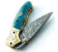 PAL 2000 SBRM-9418 Couteau Pliant Lame en Acier sur Mesure Damas avec étui en Cuir 18 CM Poignée teintée Chameau Billet Chef de Camping Cuisine Pêche Maison Jardin