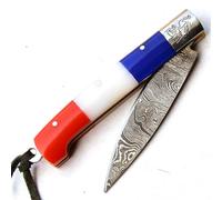 PAL 2000 SBTJ-9425 Couteau de Poche Pliant en Acier damassé de Fabrication Artisanale avec étui en Cuir et poignée de Drapeau français de 18 cm os de Chameau tacheté Camping Cuisine Cuisine Jardin