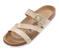 Palado Ikaria Mules pour femme - Sandales extra confortables - Chaussons tendance en liège naturel - Fabriquées en UE - Sandales avec semelle en cuir naturel fin, Beige et blanc., 37 EU