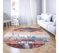 Palais Ancien et Ville Skyline Tapis de Patio Ronds Lavable en Machine Antidérapant Vintage à Poils Ras Léger Chenille Print Tapis de Sol pour Chambre à Manger Salle à Bureau à Domicile 135cm