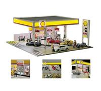 Palapozzy Station-service miniature détaillée à l'échelle 1/64 avec éclairage LED, garage de diorama compatible avec des modèles d'architecture pour scène de collection de voitures DIY (voitures et