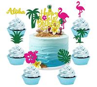 palasasa 25 Pièces Tropical Decoration Gateau Anniversaire Flamant Rose Cake Topper Happy Birthday Ananas Cupcake Toppers Decoration for Tropical Hawaiian Luau Beach Anniversaire Party Supplies