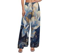 Palazzo Pantalon ample confortable pour femme, pantalon ample décontracté bleu doré Dream Lotus, Style-38, S