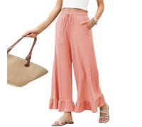 Palazzo Pantalon de plage décontracté avec cordon de serrage et ourlet à volants, taille haute et poches pour femme, rose, L
