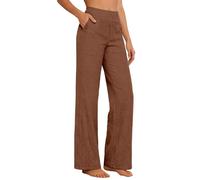 Palazzo Pantalon Femmes Été Taille Haute Élastique Loisirs Poches Maille Gaufrée Affaires Élégant Décontracté Coupe Large Lin Coton Basse Fluide Couleur Unie Pants Plage Léger Respirant,Café,L