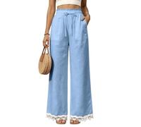Palazzo Pants for Women Loose Straight Leg Drawstring Waist Pockets (Blue,TG)