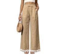 Palazzo Pants for Women Loose Straight Leg Drawstring Waist Pockets (Khaki,M)