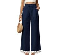 Palazzo Pants for Women Loose Straight Leg Drawstring Waist Pockets (Navy,S)