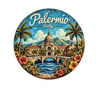 Palermo Sicile Palm Trees Bridge Water Round Tin Sign Vintage Metal Poster Retro Bar, Maison, Man Cave, Cuisine, Buanderie, Décoration murale Cadeau 20,3 x 20,3 cm