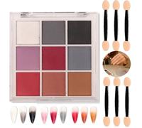 Palette de 9 nuances de poudre compacte pour nail art avec couvercle à | Lot de 6 éponges à double extrémité, blanc, gris, noir, mauve, rouge, terre cuite et marron, pour manucure à domicile