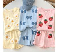 Palette de couleurs brume douce, motif de broderie de serviette à nœud doux, ensemble 2 pièces T-shirt à col rond et manches courtes confortable et décontracté pour bébé fille, convient pour toutes le