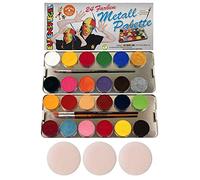 Eulenspiegel Maquillage aqua professionnel – 24 couleurs, 3 pinceaux, 3 éponges, palette métallique