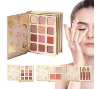 Palette De Maquillage - Paillettes 12 Couleurs Fards | Style Livre Avec 4 Blushs Et 4 Rouges À Lèvres Pour Voyage Fête Scène Photographie Professionnelle Coffret Cadeau Complet