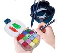 Palette de Peinture de Voyage avec rondelle de Pinceau Pliable, Portable 3 en 1 16 emplacements hermétique avec Nettoyeur de Pinceau et Support de Pinceau pour Aquarelle Huile Gouache, Peinture