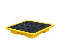 Palette de rétention des déversements industriels avec Grille de Drainage, utilisée pour Le Stockage sécurisé des seaux de Peinture et des fûts d'huile en Usine. Dimensions : 33 x 33 x 5,8 c