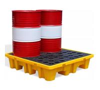 Palette de rétention des déversements robuste avec système de drainage, accessibible par chariot élévateur, empilable pour usage industriel, plateforme de rétention pour matières dangereuses