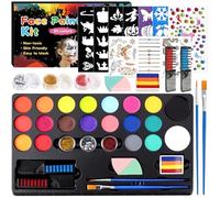 Palette Maquillage Enfants,20 Couleurs Peinture Visage Enfant avec Pinceaux,Pochoirs,Autocollant,Éponge,Peinture Corporelle pour Le Visage,pour Halloween,Noël,Carnaval,Pâques (20 Couleurs)