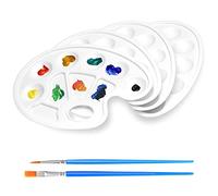 Palettes de Peinture en Plastique, 4 Pièce Palette de Peinture d'art, Palette de Peinture Ovale avec 2 Pièce Pinceau de Peinture à l'huile pour Aquarelle, Gouache, Acrylique, Peinture à l'huile