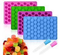 Palksky Lot de 4 moules ronds en silicone à 220 cavités pour bonbons durs, gommes, chocolat, menthe, collations aux fruits, antiadhésifs pour friandises faites maison avec 2 compte-gouttes