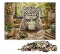 Pallas Cat with Matcha Latte Puzzle en Bois | Le montage par zones du motif: moins de temps devant les écrans à la maison.