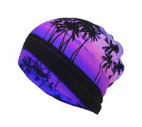 Palm Tree Purple Sunset Bonnet ou écharpe multifonction unisexe double couche imprimé sur toute la surface, doux et respirant, pour le quotidien, le sport et les voyages, Noir , S