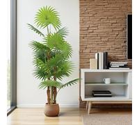 Palmier artificiel éventail 160 cm - Plante artificielle avec 18 feuilles réalistes et 3 troncs en fibre de coco - Très réaliste, facile d'entretien, dans un pot noir - Palmier décoratif pour salon