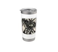 Palmier tropical vintage et arbres, île paradisiaque, ambiance de plage Gobelet isotherme en acier inoxydable double paroi