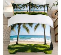 Palmiers et Plage Housse de Couette 150x200 Parures de Lit 1 Personne Imprimé 3D Microfibre Douce Paysage Marin Housses Couette avec 2 Taies d'oreiller et Fermeture Éclair l.789