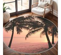 Palmiers Sur La Plage de L'OcéAn Tapis Rond 200 cm Intérieur & Extérieur Doux Antidérapant Lavable en Machine, Rose Coucher de Soleil Tapis Décoratif de Style Moderne pour Salon Chambre Salle à Manger