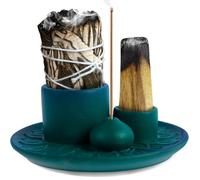 Palo Santo - Brûleur d'encens 4 en 1 en céramique, élégant porte-encens pour bâtons, bougie, sauge à brûler, bac récupérateur de cendres de 13 cm pour salle de yoga (bleu)