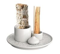 Palo Santo - Porte-encens et brûleur de bougies en céramique 4 en 1 - Bac récupérateur de cendres pour bavure, méditation, yoga, relaxation - Résistant à la chaleur, facile à nettoyer (blanc)
